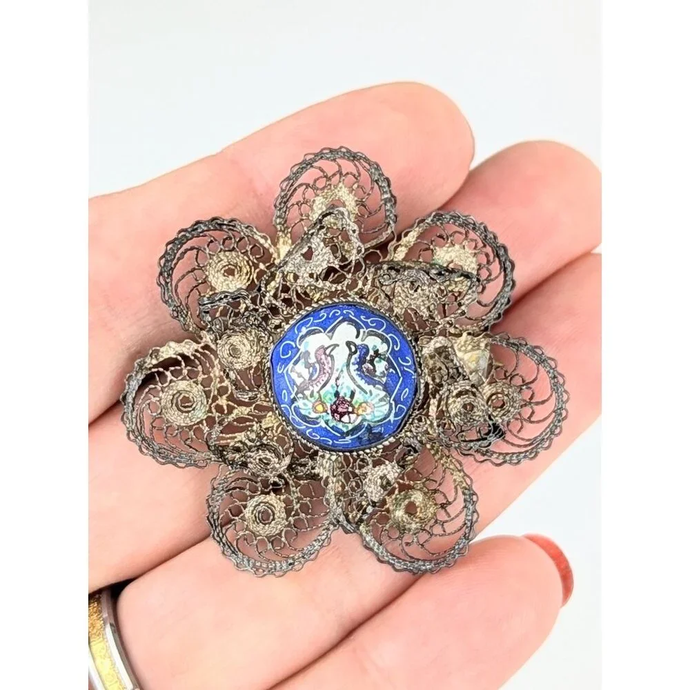 Antique 1900s Sterling Silver Filigree Brooch Hand-painted Enamel Edwardian Era - Picture 2 of 7